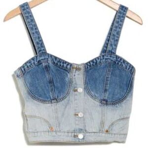 Blank NYC Call Back Denim Bustier Top Cropped Snap Up Adjustable Blue Small New